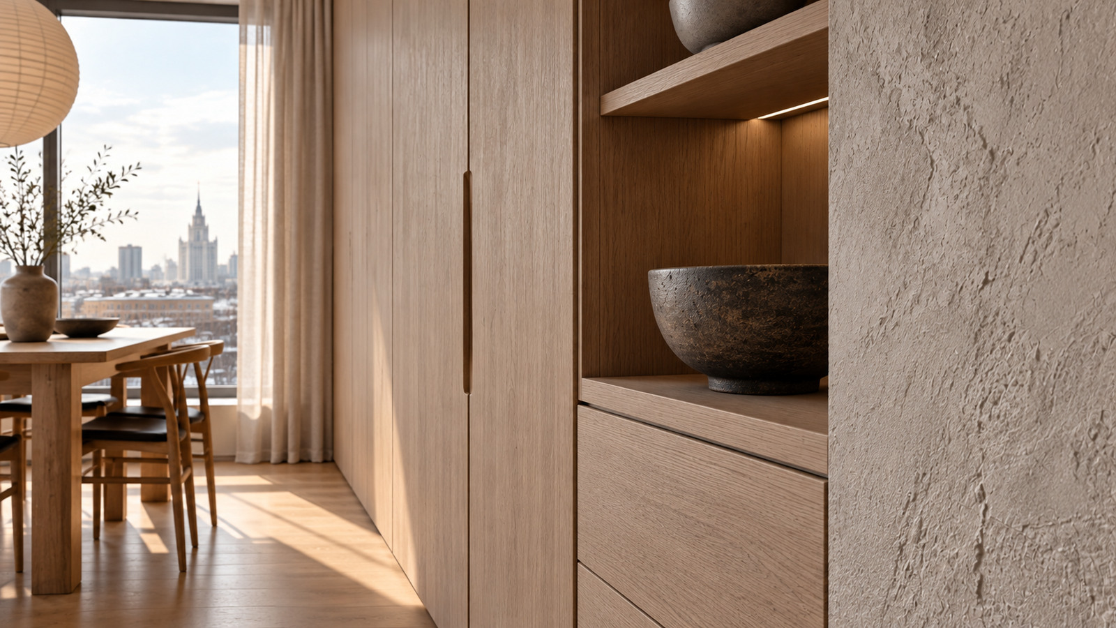 Деревянные фасады шкафа и керамическая чаша у фактурной стены